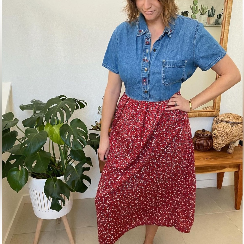 Vintage Bobbie Brooks denim and red floral dress